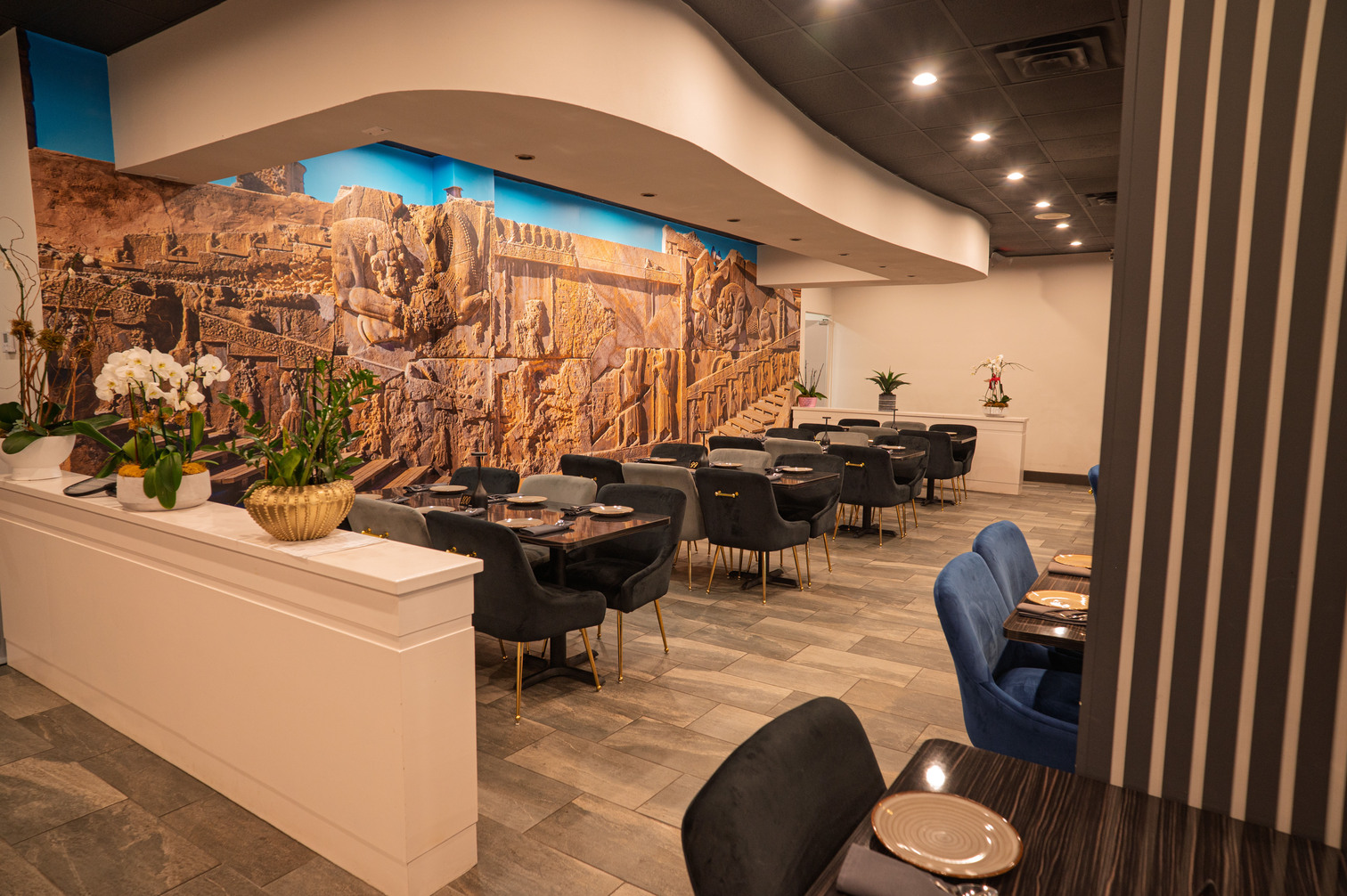 Interior of Aban Restaurant in Houston serving authentic Persian kebabs and rice dishes