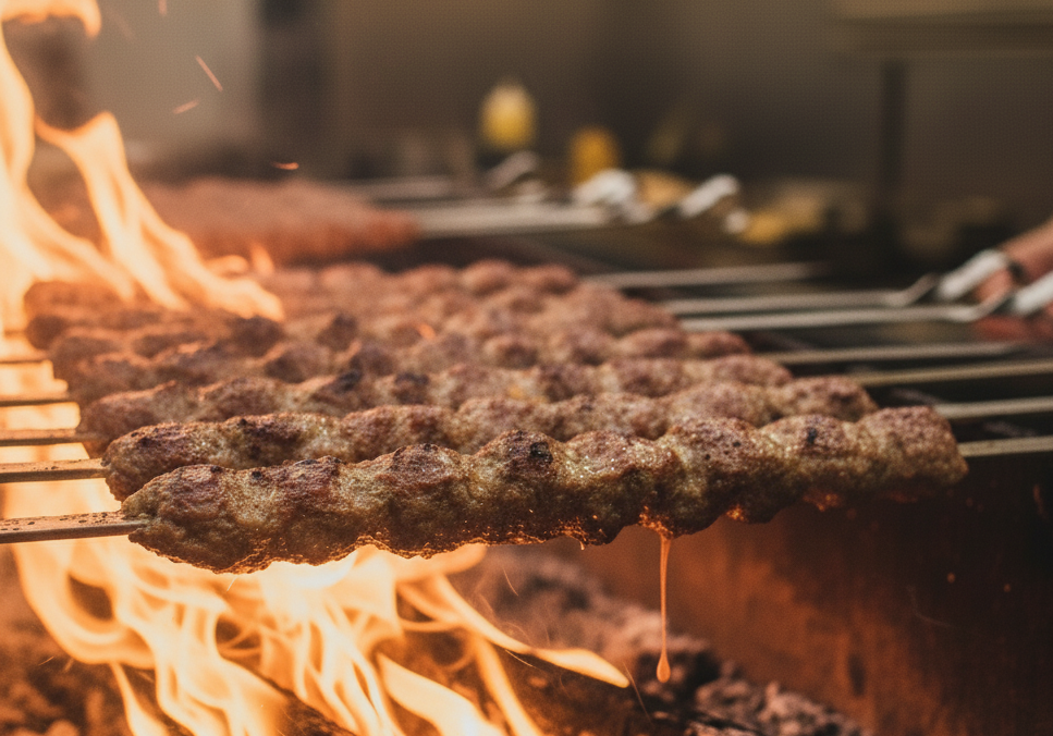 Charcoal-grilled Persian kababs over open flame